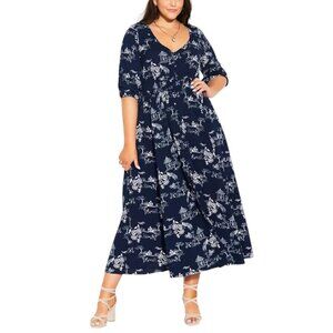 City Chic Navy Zen Garden Button Bodice V Neck Maxi Dress